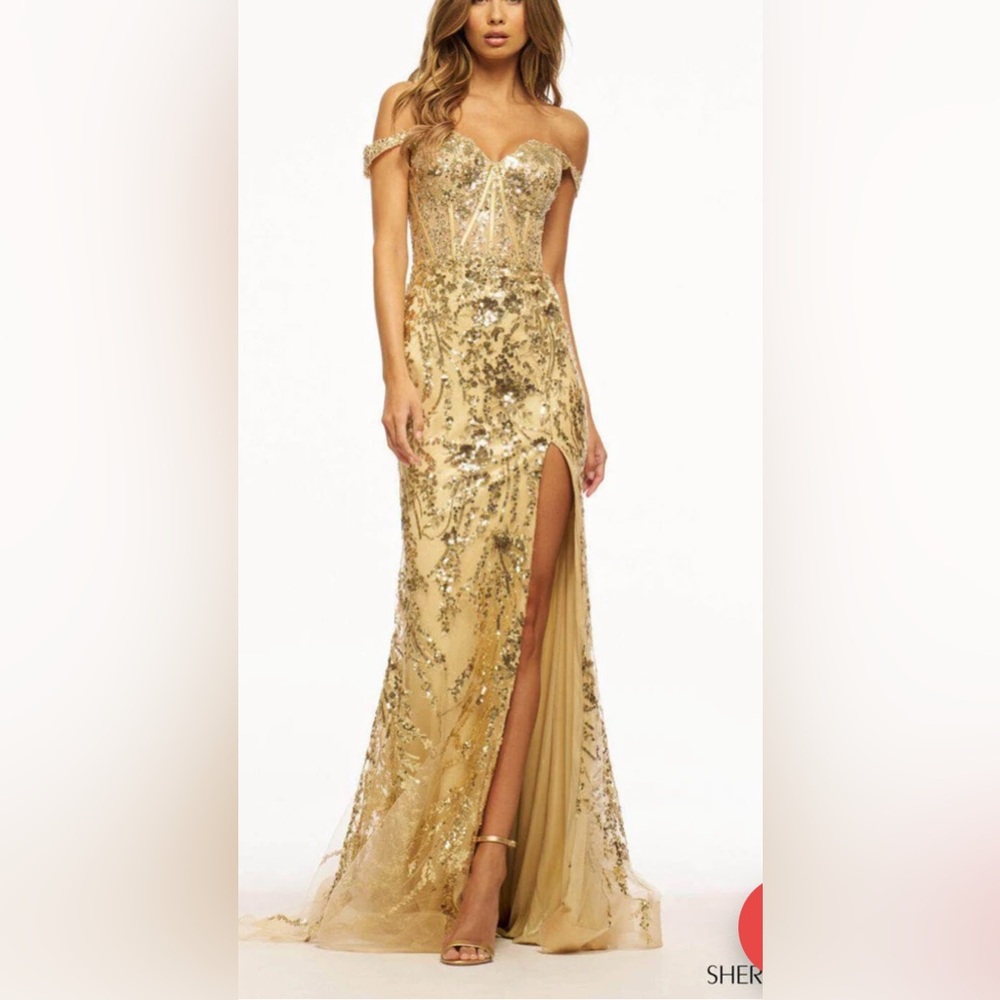 Sherri Hill Gold Sequin Gown Dress with Slit size 4